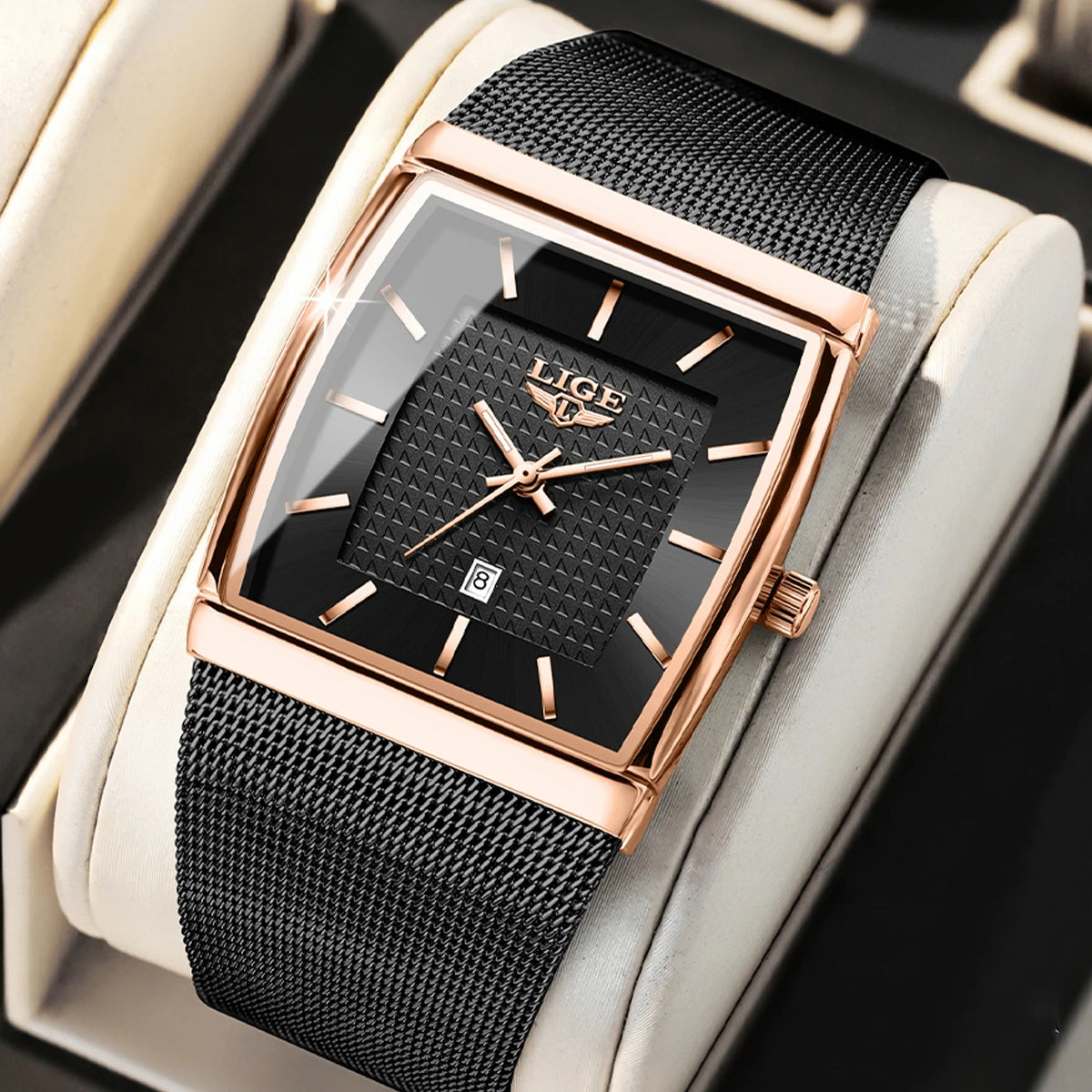 LIGE Creative Square Watch Women Gold Ultra Thin Mesh Ladies Quartz Wristwatch Fashion Elegant Waterproof Luminous Watch Femme
