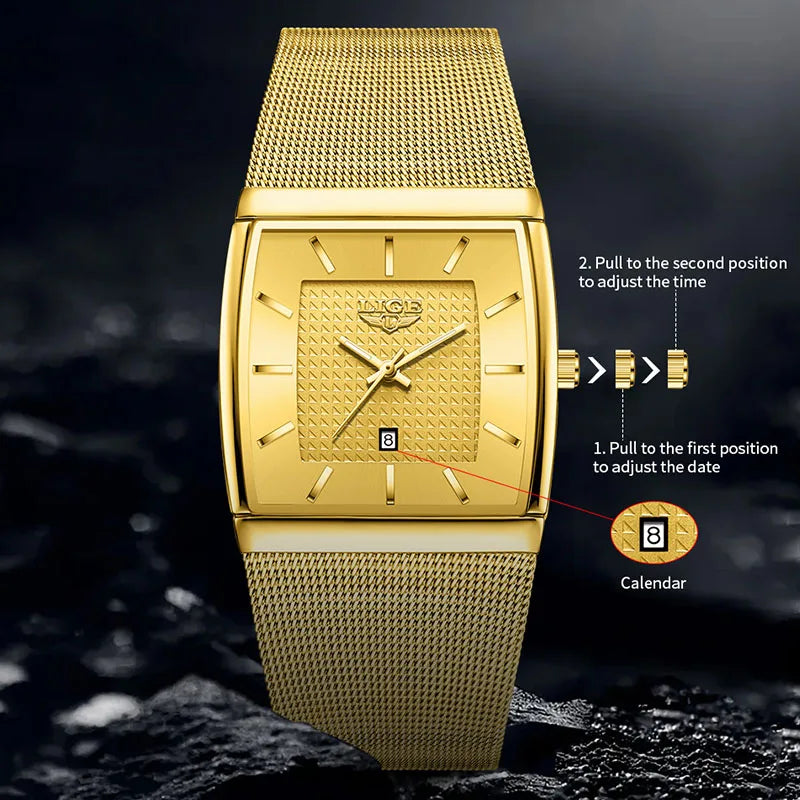 LIGE Creative Square Watch Women Gold Ultra Thin Mesh Ladies Quartz Wristwatch Fashion Elegant Waterproof Luminous Watch Femme
