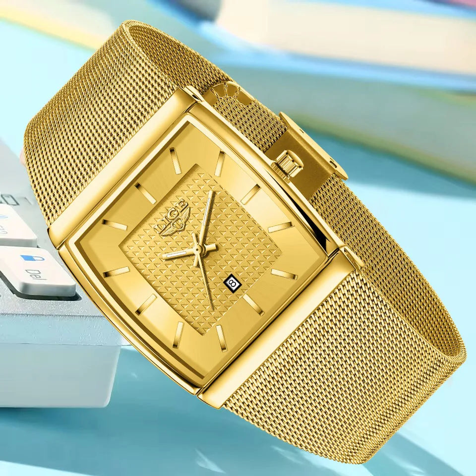 LIGE Creative Square Watch Women Gold Ultra Thin Mesh Ladies Quartz Wristwatch Fashion Elegant Waterproof Luminous Watch Femme