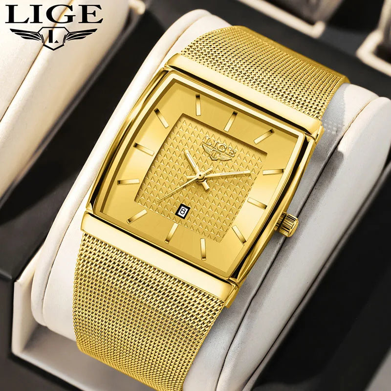 LIGE Creative Square Watch Women Gold Ultra Thin Mesh Ladies Quartz Wristwatch Fashion Elegant Waterproof Luminous Watch Femme