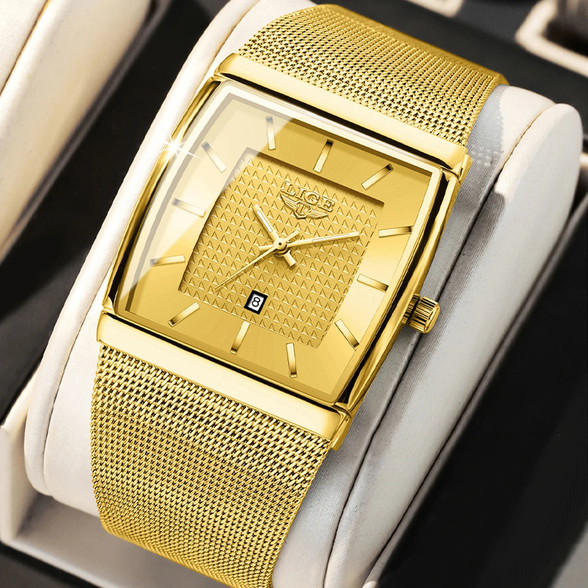 LIGE Creative Square Watch Women Gold Ultra Thin Mesh Ladies Quartz Wristwatch Fashion Elegant Waterproof Luminous Watch Femme