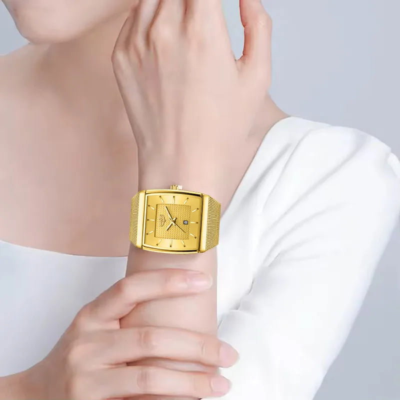 LIGE Creative Square Watch Women Gold Ultra Thin Mesh Ladies Quartz Wristwatch Fashion Elegant Waterproof Luminous Watch Femme