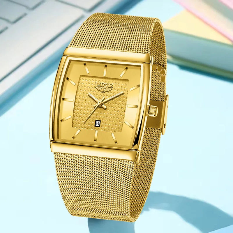 LIGE Creative Square Watch Women Gold Ultra Thin Mesh Ladies Quartz Wristwatch Fashion Elegant Waterproof Luminous Watch Femme
