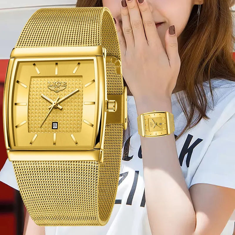 LIGE Creative Square Watch Women Gold Ultra Thin Mesh Ladies Quartz Wristwatch Fashion Elegant Waterproof Luminous Watch Femme